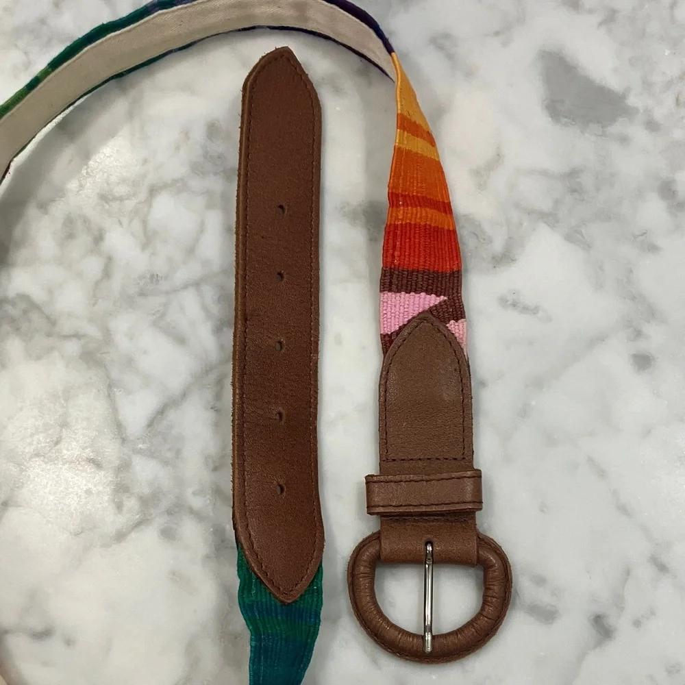 Vintage Colorful Striped Belt with Brown leather Buckle adjustable Guatemala OS
